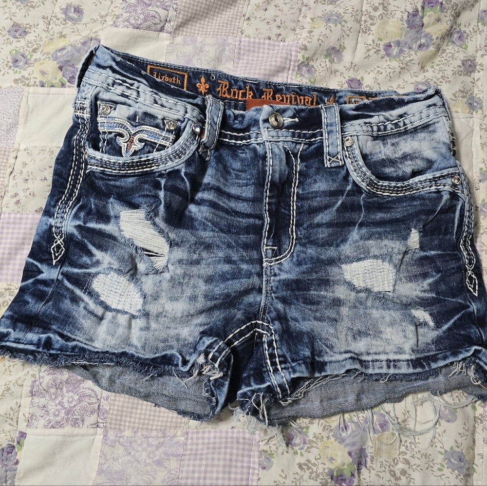 🤘NeW🎸 ROCK REVIVAL LIZBETH EMBELLISHED DISTRESS DESTRUCTED SHORTS 30 - Picture 11 of 16